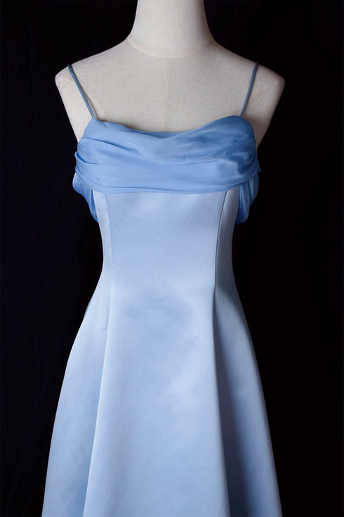 Blue Satin Guest Dress - Light Blue Evening Dress with Bow Plus Size
